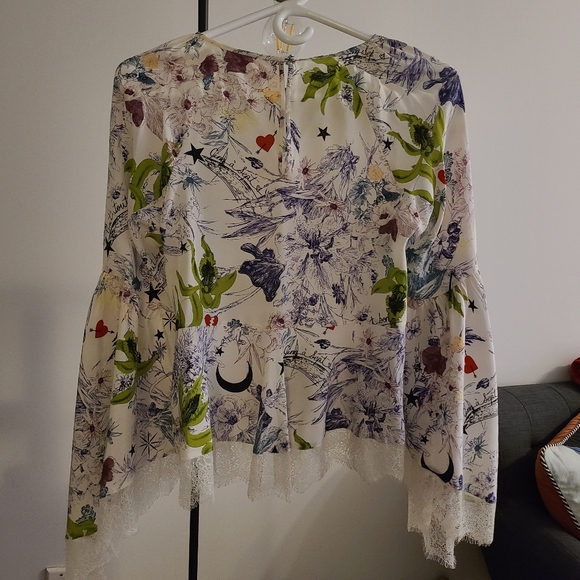 Cinq a Sept 5a7 Avalon Floral-Print Silk Top Blouse with Lace - Picture 4 of 7
